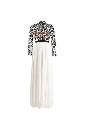 Self-Portrait White Maxi Dress with Black Floral Lace Bodice